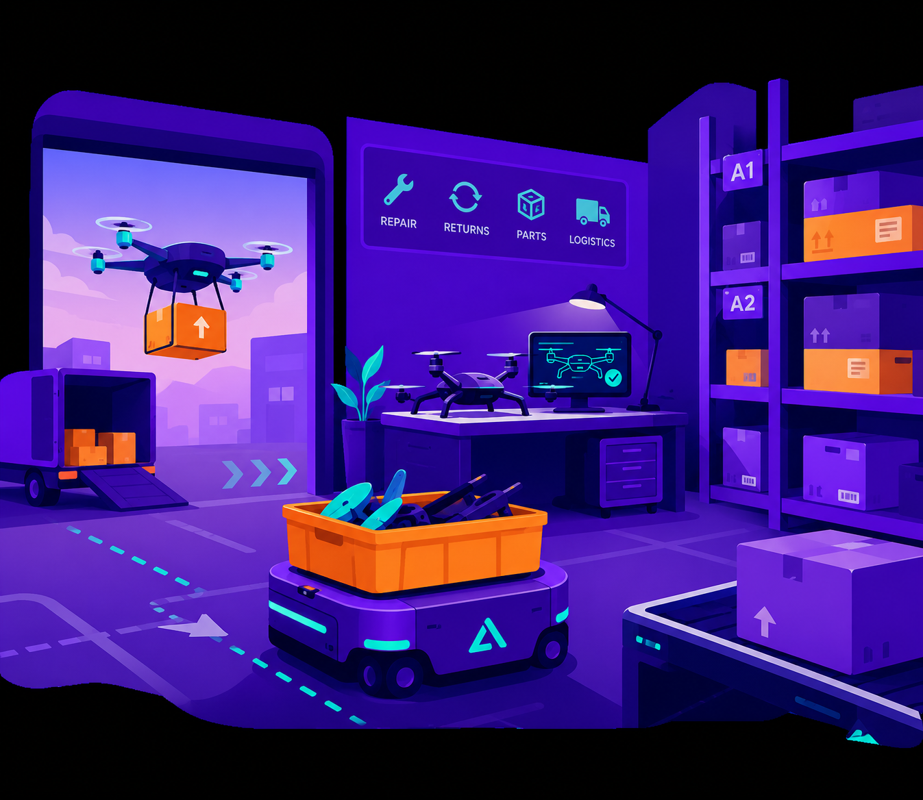Robotics MRO warehouse with drone delivery, autonomous ground robot, repair bench and parts shelving