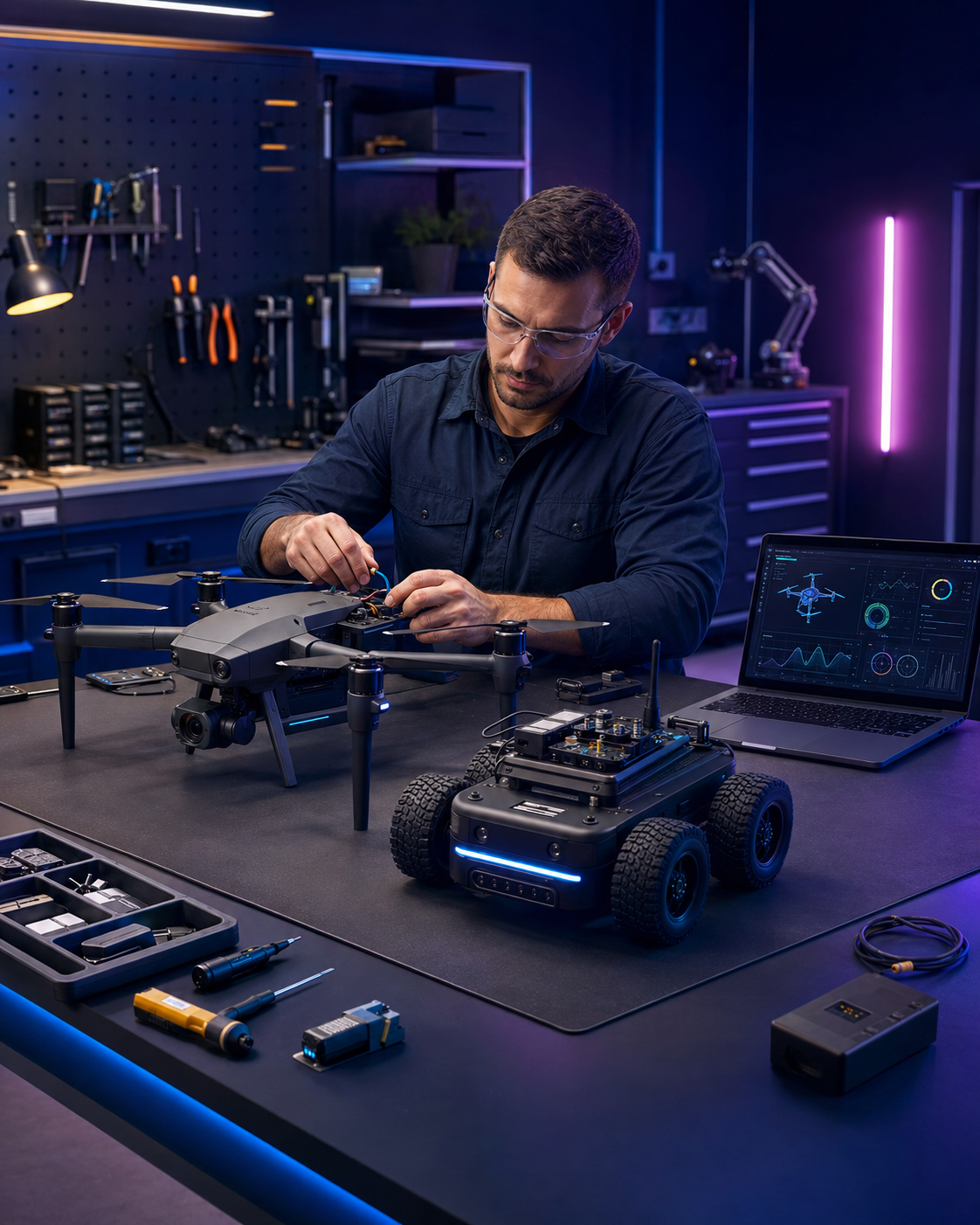 Technician assembling a drone and ground robot at a workbench