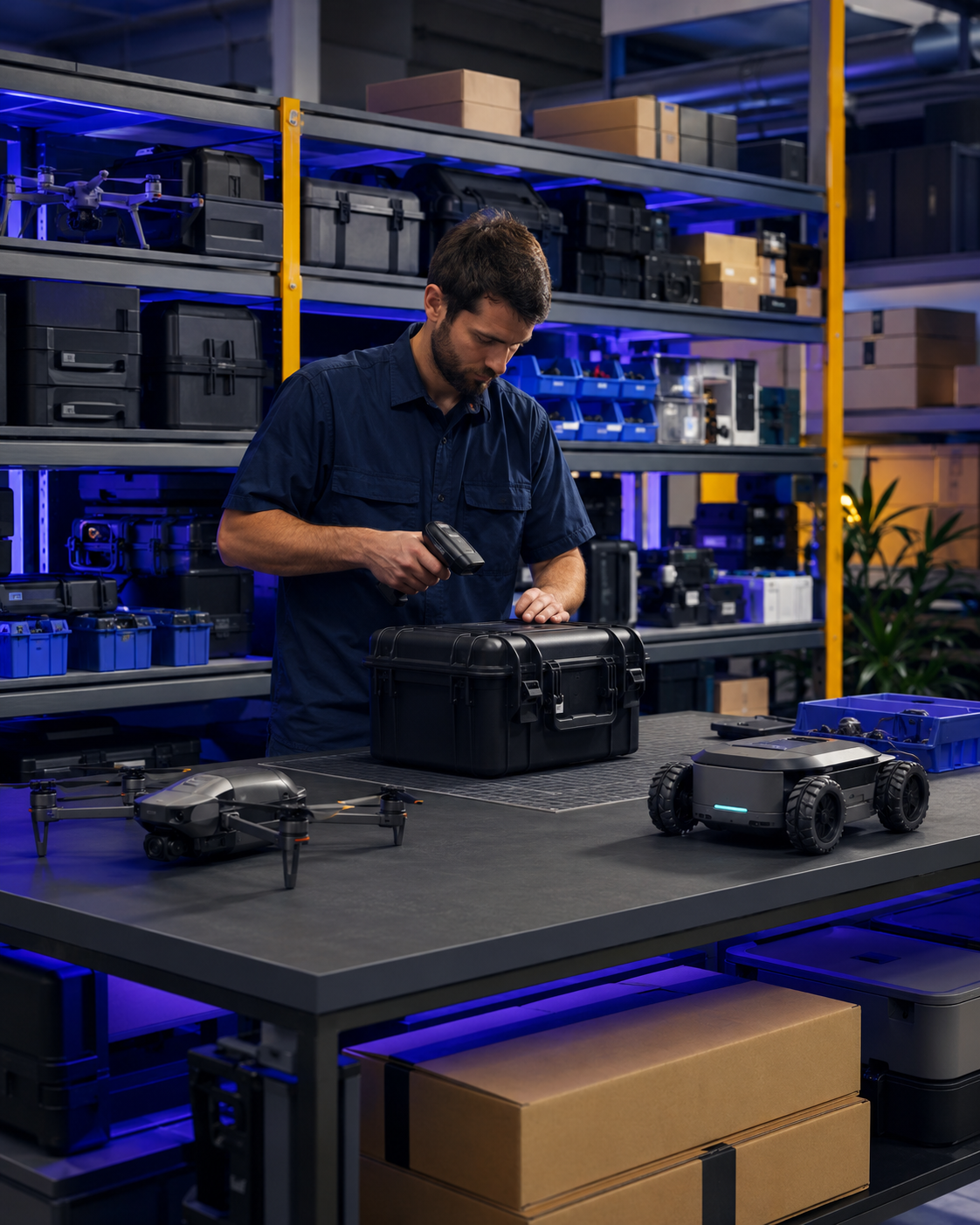 Robotics and drone stock in a warehouse being scanned and packed